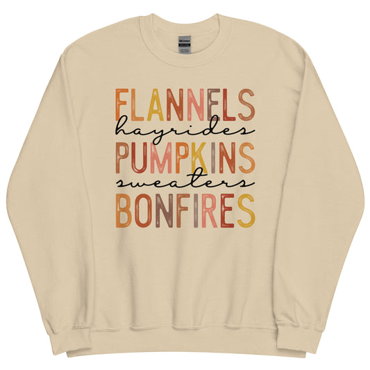 FLANNELS HAYRIDES PUMPKINS SWEATERS BONFIRES FALL SWEATSHIRT